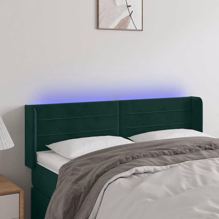 Testiera per letto vidaXL in velluto verde scuro con illuminazione LED e porta di ricarica USB, L: 147 cm, P: 16 cm, H: 78-88 cm