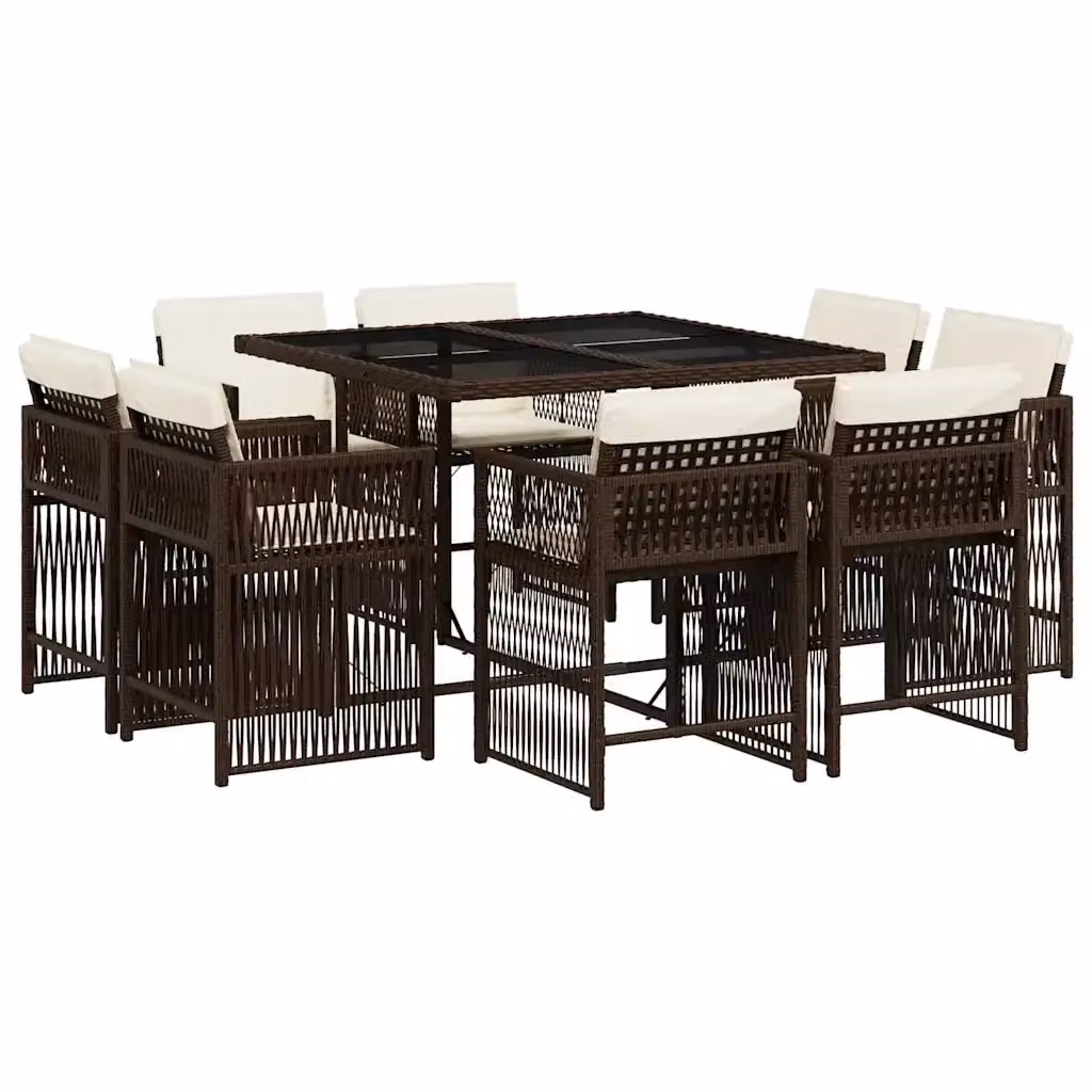 Set da pranzo da giardino vidaXL in polyrattan marrone con cuscini bianchi e tavolo in vetro per esterno – 2