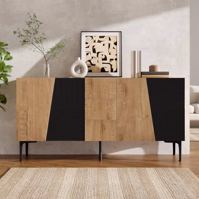 Credenza con 4 ante e 3 cassetti ripiani regolabili per soggiorno naturale e nero 160 × 40 × 80 cm