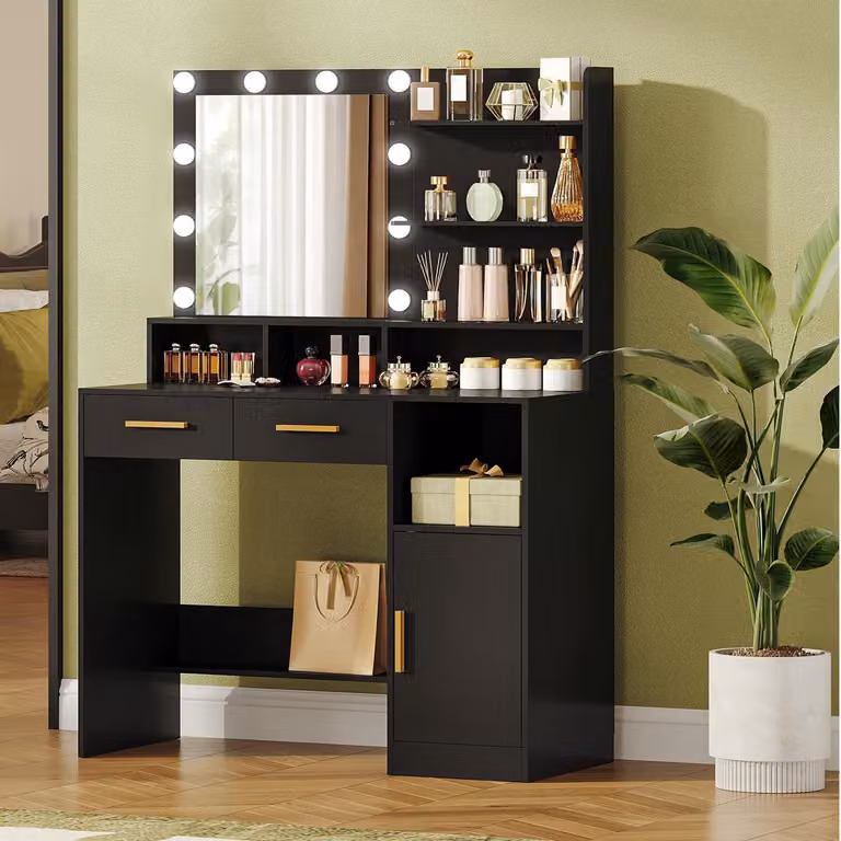Comò da trucco con specchio e 10 luci LED, 2 cassetti, 1 armadietto, 3 ripiani, 4 scomparti, colore nero
