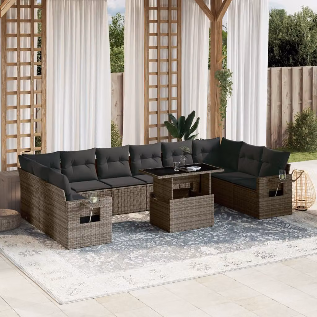 vidaXL Set Divani da Giardino 11 pz a Forma a L in Polyrattan Grigio con Cuscini e Tavolino da Caffè – 1