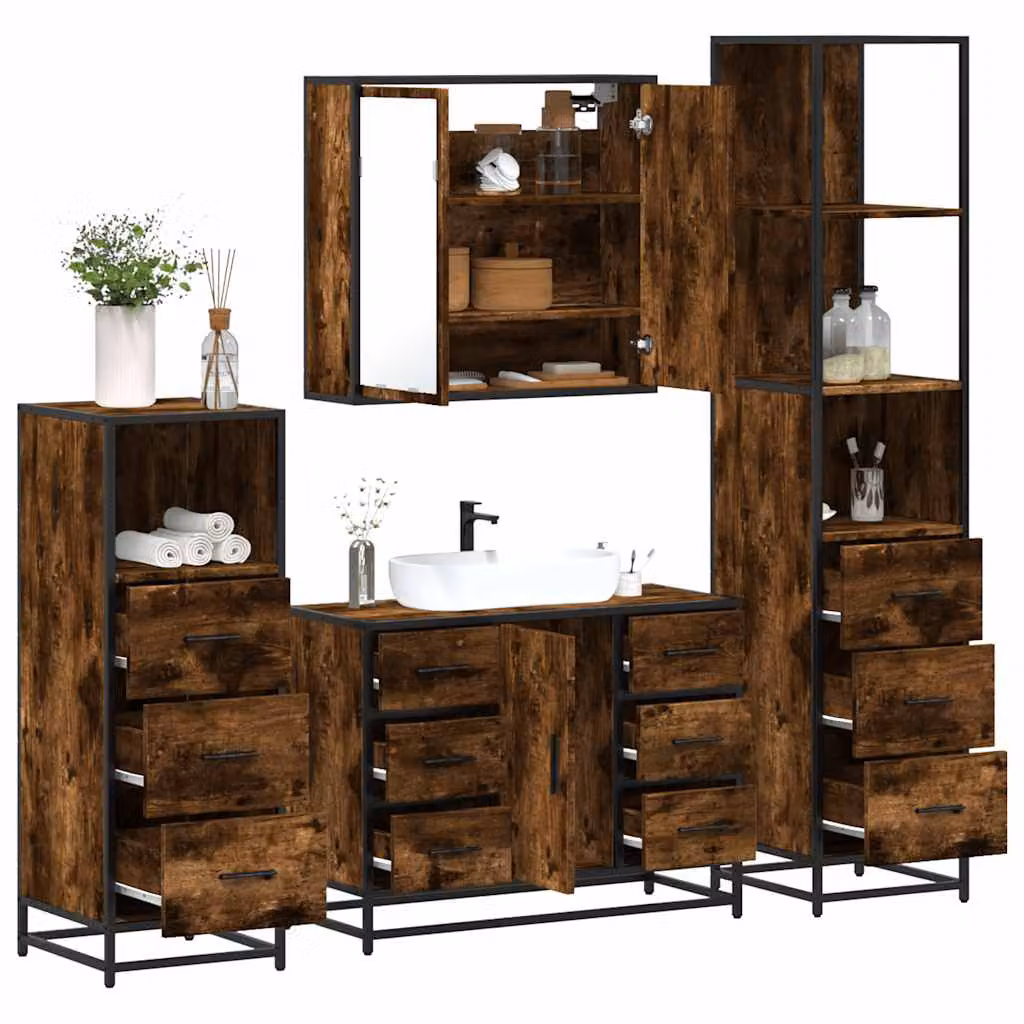 Set di mobili da bagno industrial vidaXL in legno e metallo marrone, composto da armadietto con specchio, mobile lavabo, mobile laterale e colonna alta
