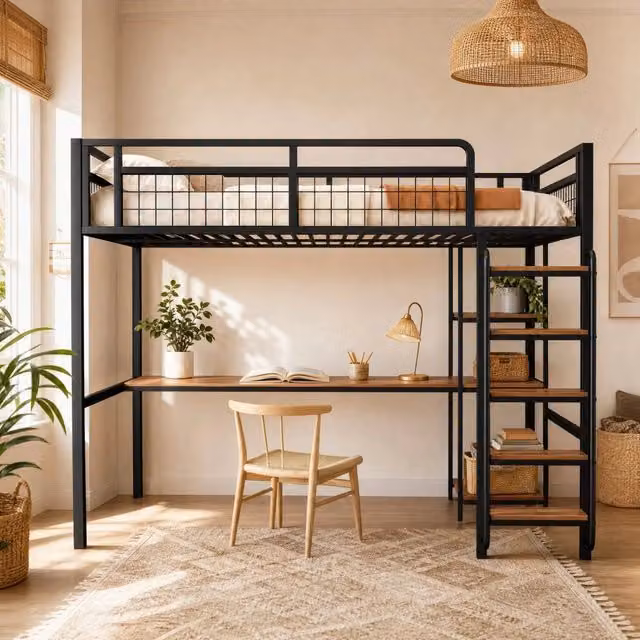 Letto a soppalco ULEVR 140x200 cm in metallo nero con scrivania, ripiani, scala di sicurezza e barriera
