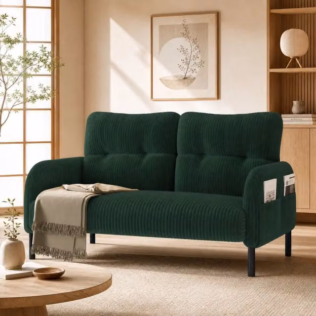 Divano a 2 posti Mivray in velluto a coste verde con tasca laterale e piedi in metallo L/P/H: 120 x 79 x 75 cm