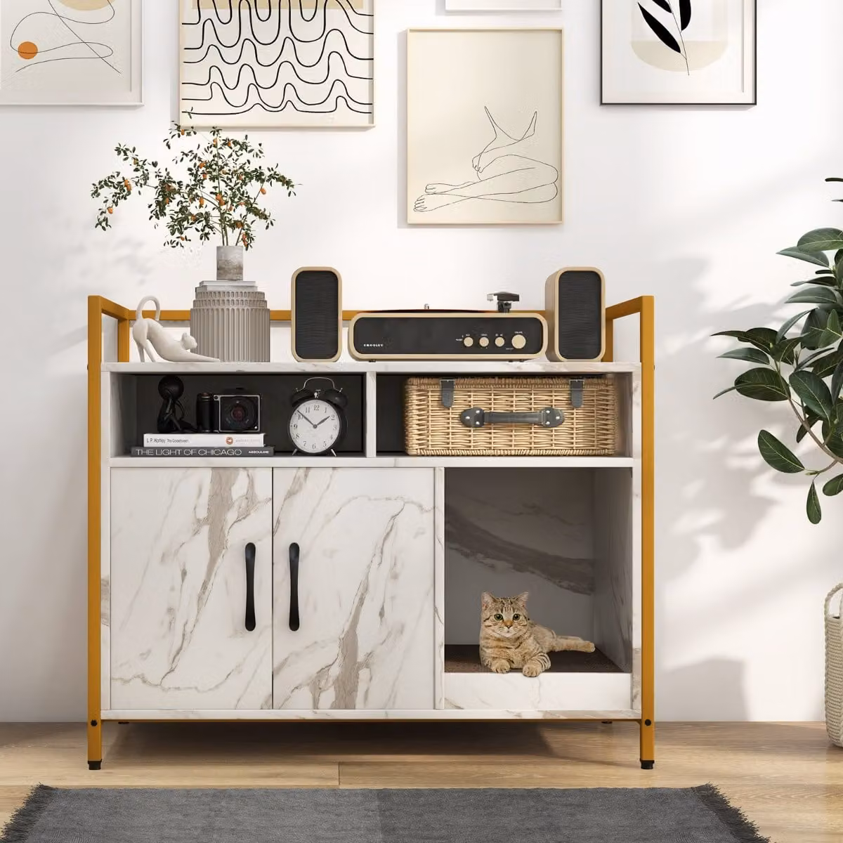 Contenitore per lettiera e toilette nascosta per gatti Costway con doppie porte e graffiato in sisal sostituibile, finitura marmo bianco lucido
