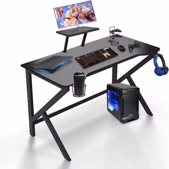 Piano di lavoro ergonomico per gaming con scomparto per bicchieri e supporto per cuffie - Gestione cavi - 100 x 55 x 90,5 cm