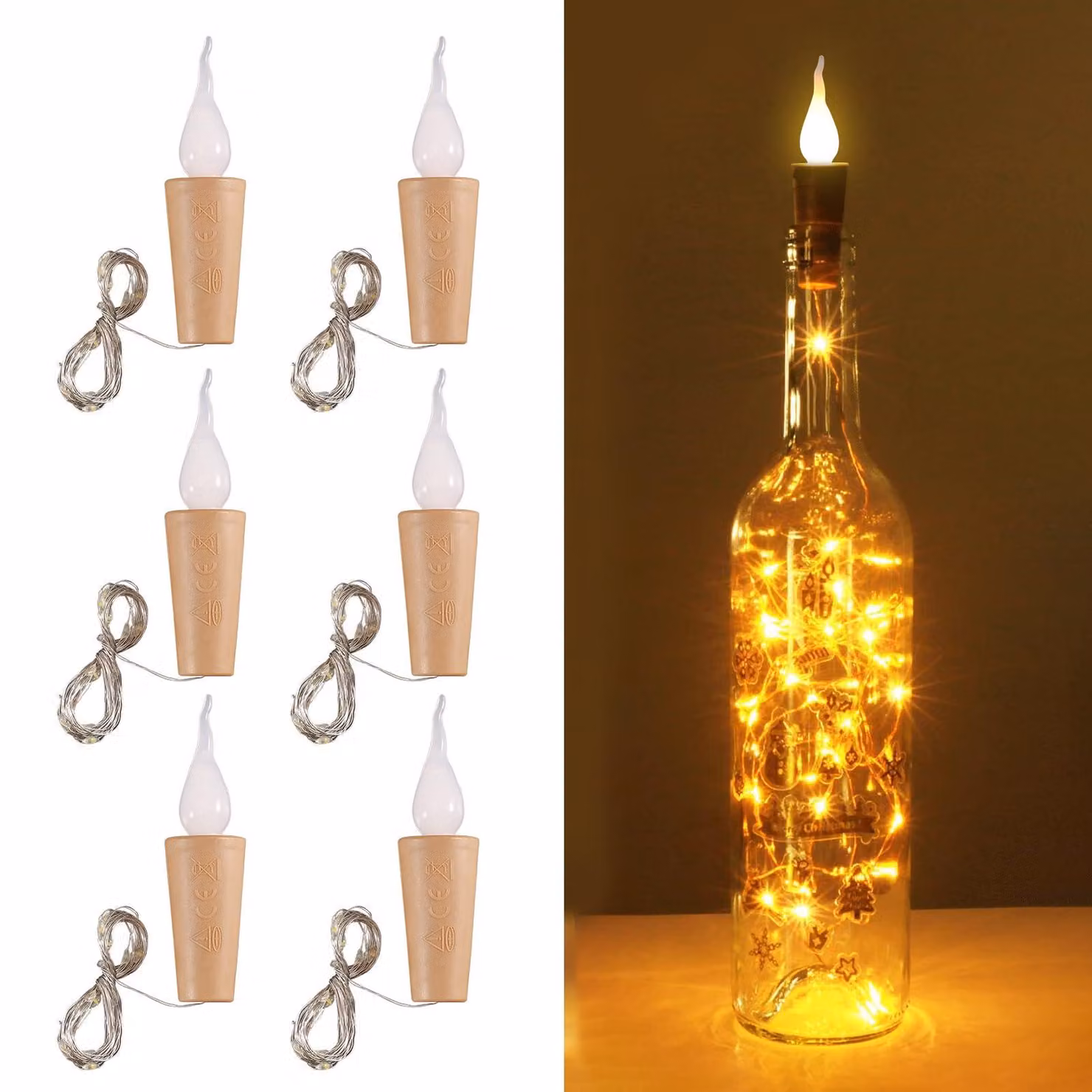 Catena luminosa a LED con tappi di sughero, 2 metri, 20 LED bianco caldo, confezione da 6 pezzi