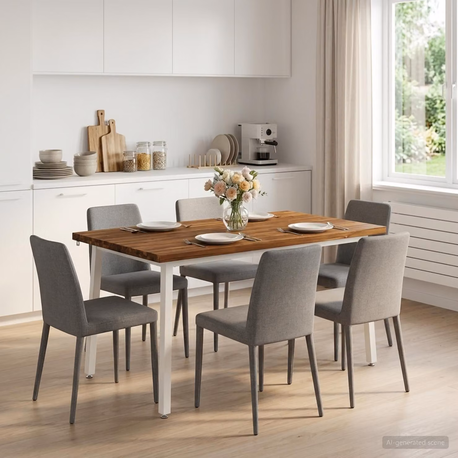 Tavolo quadrato da pranzo, dimensioni 140 x 90 x 75 cm, in legno massello di acacia, finitura naturale