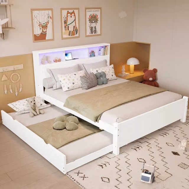Letto una piazza e mezza 120x200 cm con secondo letto estraibile; pino e MDF; bianco; LED