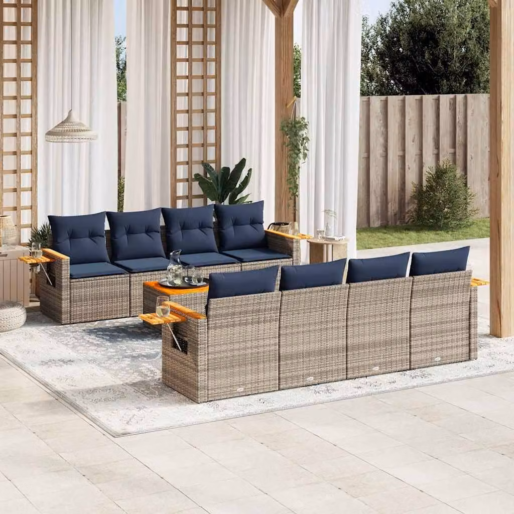 Set di Divani da Giardino vidaXL 9 pz a Forma a U in Polyrattan con Cuscini Blu e Grigio – 1