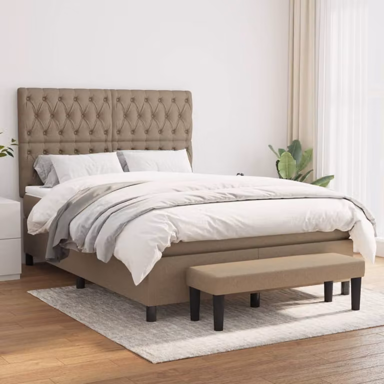 vidaXL Letto Ibrido con Giroletto a Molle e Materasso in Tessuto Beige e Bianco L/P/H: 193 x 144 x 128 cm