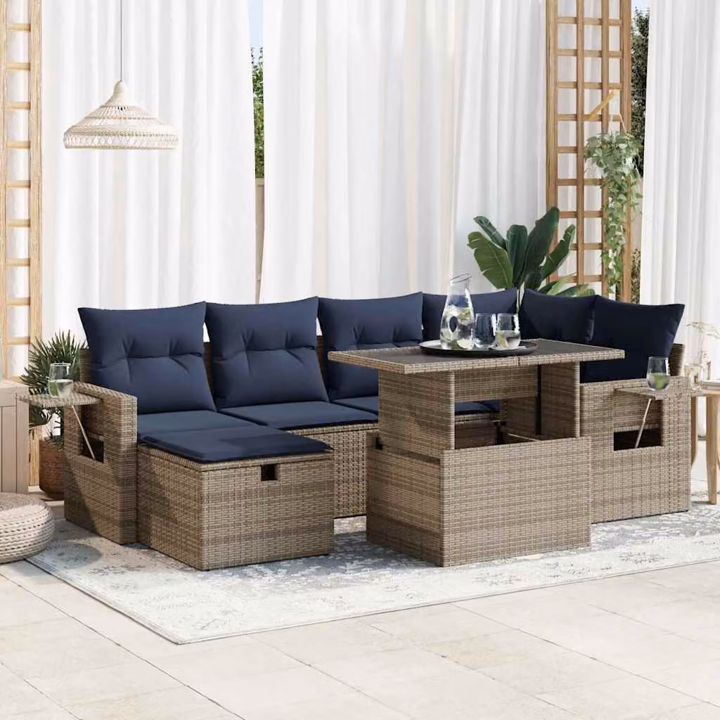 Set di divani da giardino vidaXL a forma di L composto da 7 pezzi in polyrattan con cuscini grigi e blu e tavolino da caffè