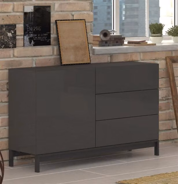 Credenza con piedi 1 Anta + 3 Cassetti 110x40x73 cm Metis Antracite Lucido
