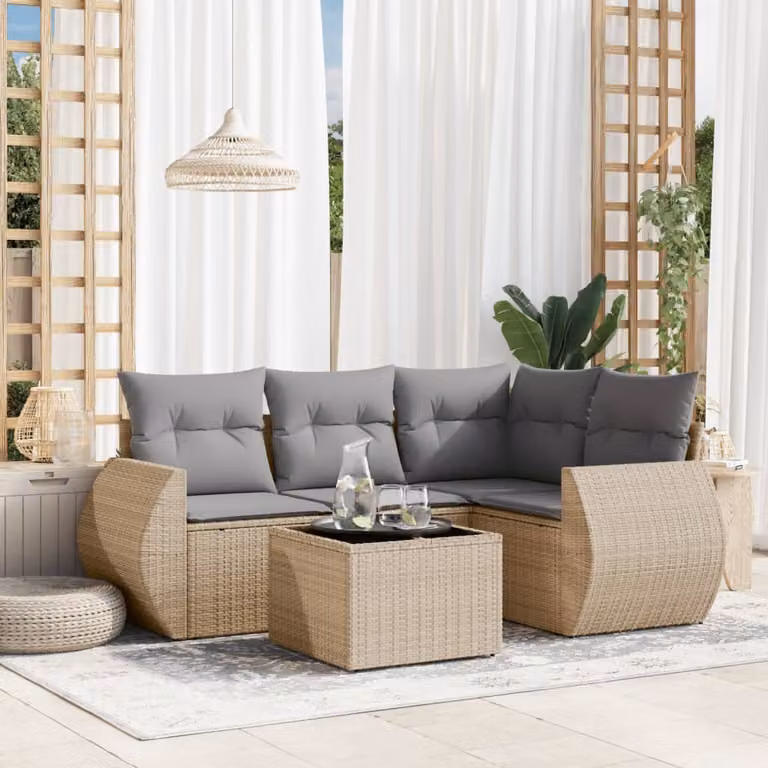 vidaXL Set Divano da Giardino a L 5 pz con Cuscini Beige e Tavolino in Polyrattan e Metallo
