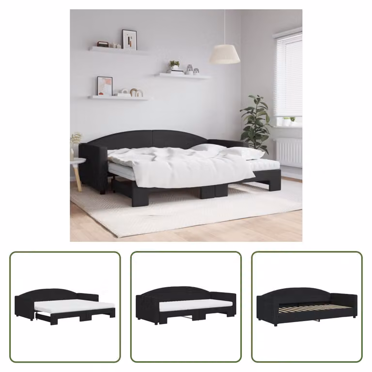 The Living Store Lettino allungabile con materassi nero 90x200 cm in tessuto