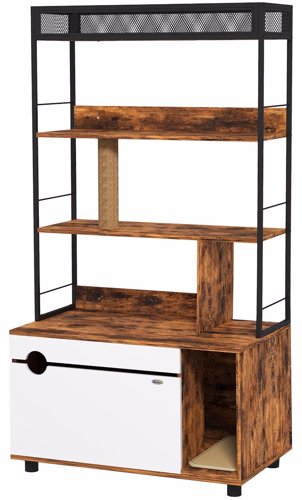 Mobiletti per lettiera per gatti con 3 ripiani e tiragraffi | Colore: marrone e bianco | Dimensioni: 80x48x152 cm