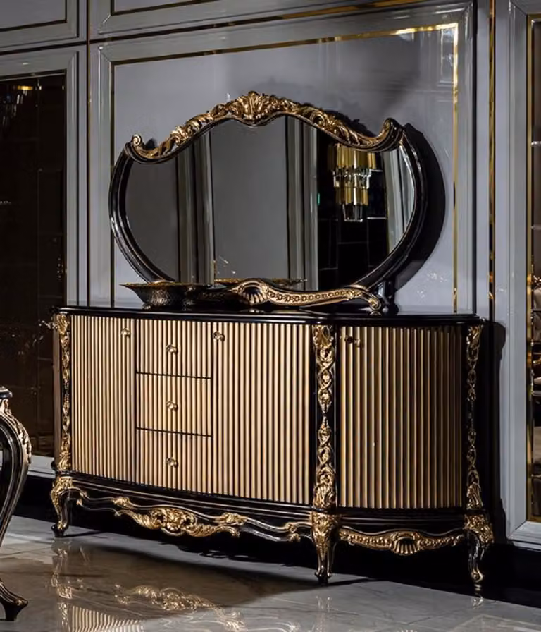 Casa Padrino set di mobili barocchi nero/oro - 1 credenza con 4 ante e 3 cassetti e 1 specchio - Mobili barocchi fatti a mano - Nobili e magnifici