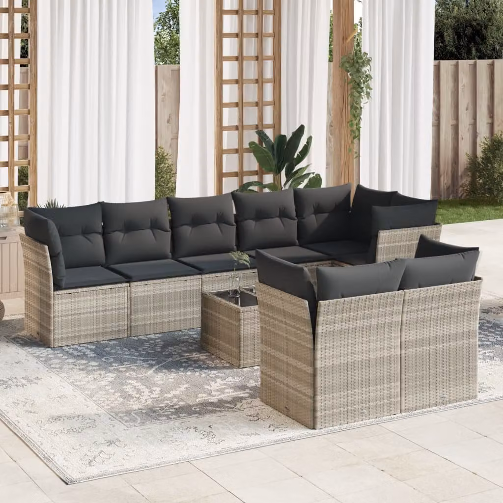 Set Divano da Giardino vidaXL 9pz a Forma di L in Polyrattan con Cuscini Grigio Chiaro e Tavolino da Esterno – 1