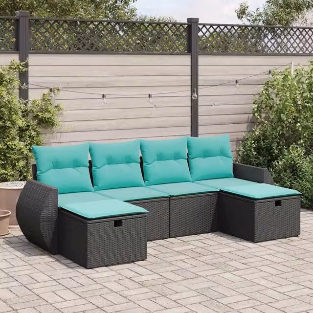 Set Divano da Giardino 6 pz con Cuscini Nero in Polyrattan 3325623