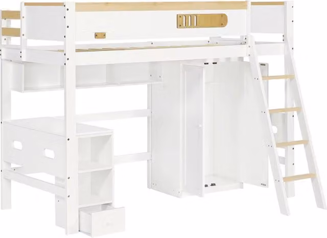 Letto a castello per bambini con protezioni, scrivania e armadio, legno di pino e MDF, 90x200 cm, bianco e naturale