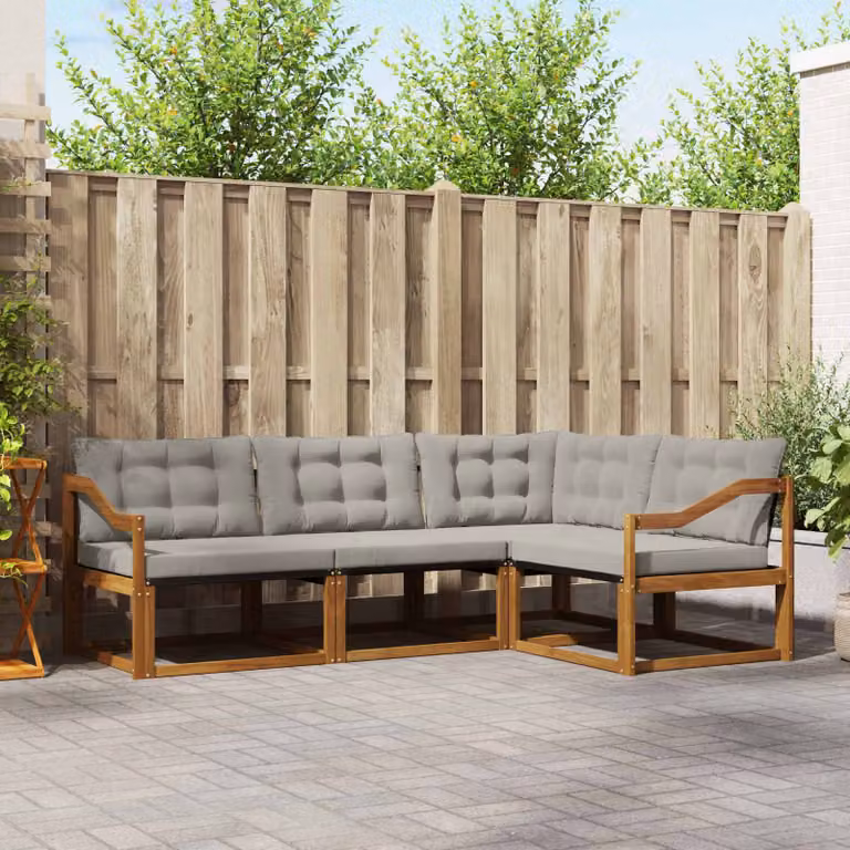 Set di divani da esterno vidaXL a forma di L composto da 4 pezzi in legno di acacia e tessuto textilene, colore grigio e marrone, con cuscini inclusi