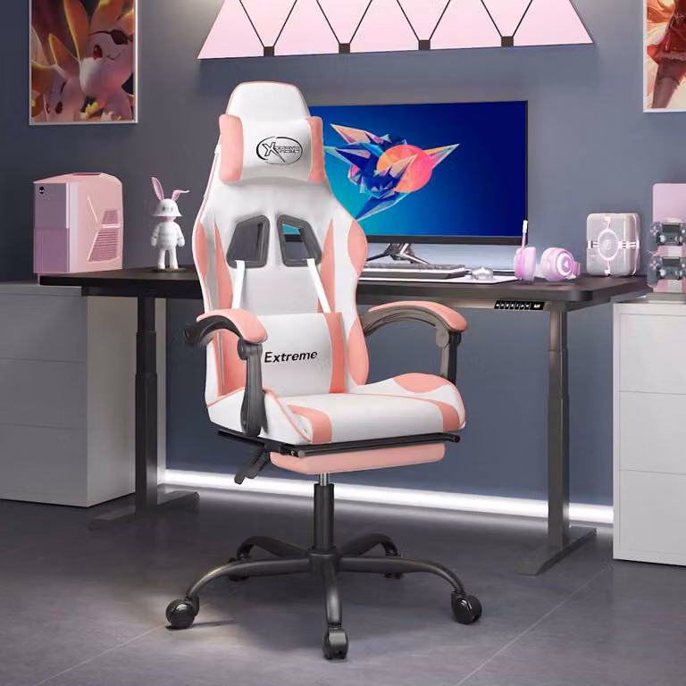 Sedia da Gaming Girevole vidaXL in Similpelle Bianca e Rosa con Poggiapiedi e Braccioli