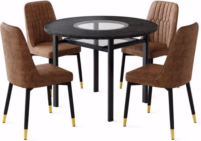Tavolo da pranzo rotondo 100 cm in MDF nero con 4 sedie marroni, per 4 persone