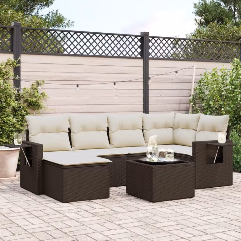 vidaXL Set Divani da Giardino 7 Pezzi a Forma di L con Cuscini Marrone e Bianco in Polyrattan e Acciaio