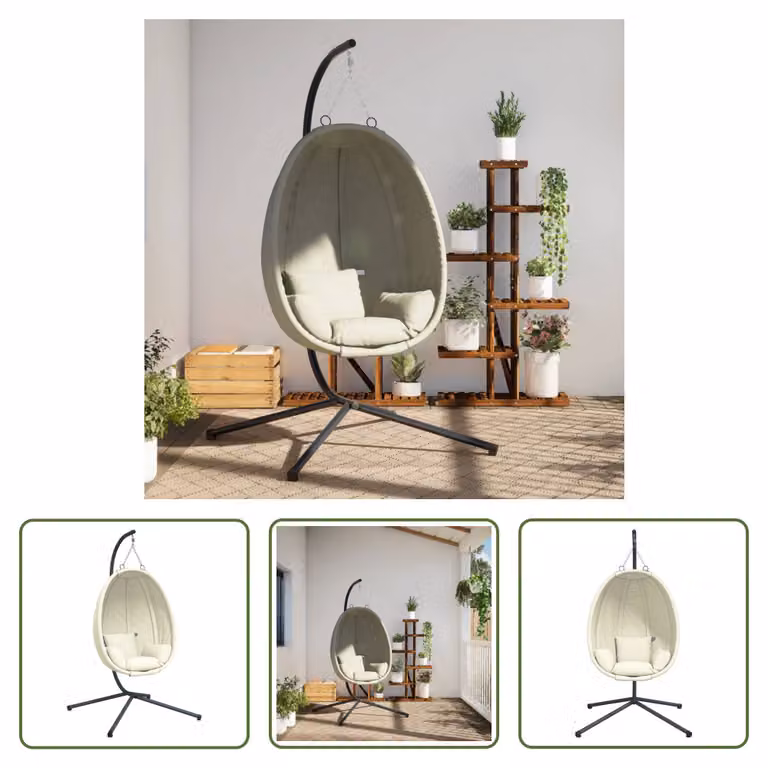 The Living Store Sedia sospesa Egg Design con supporto in tessuto e acciaio beige