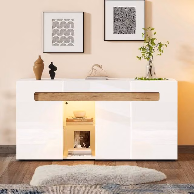 Credenza TV con LED ¨C MINIMAL ¨C Bianco Lucido, Vetro, 140x40x70