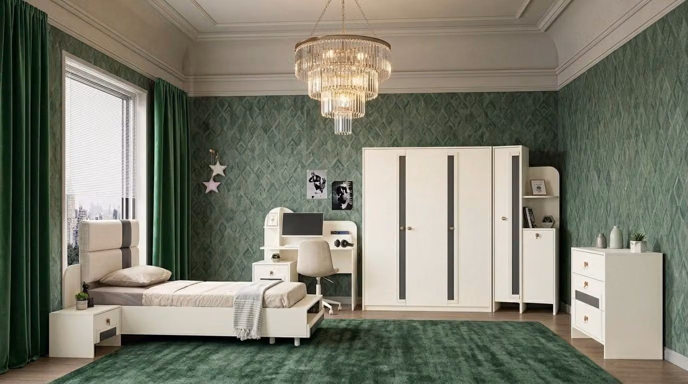 Set per camera da letto per giovani, stile minimalista, in legno e metallo, composto da letto, armadio e comodino