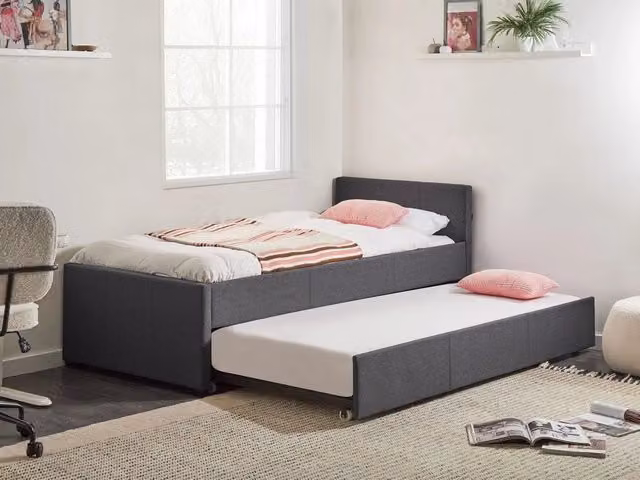 Divano Letto Singolo Beliani con Cassetto, Rivestimento in Tessuto Grigio, L/P/H: 214 x 90 x 125 cm – 1
