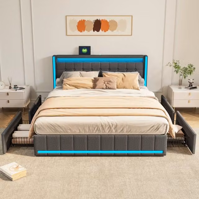 Letto Matrimoniale 160x200 cm con 4 Cassetti; Struttura Letto Imbottito con Luci LED e Porta USB; Testiera in Lino; Senza Materasso; Grigio