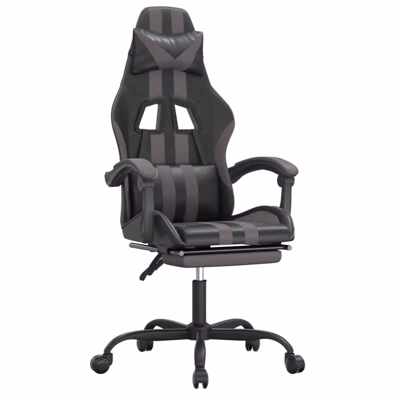 Sedia da Gaming con Poggiapiedi Nero e Grigio in Pelle finta