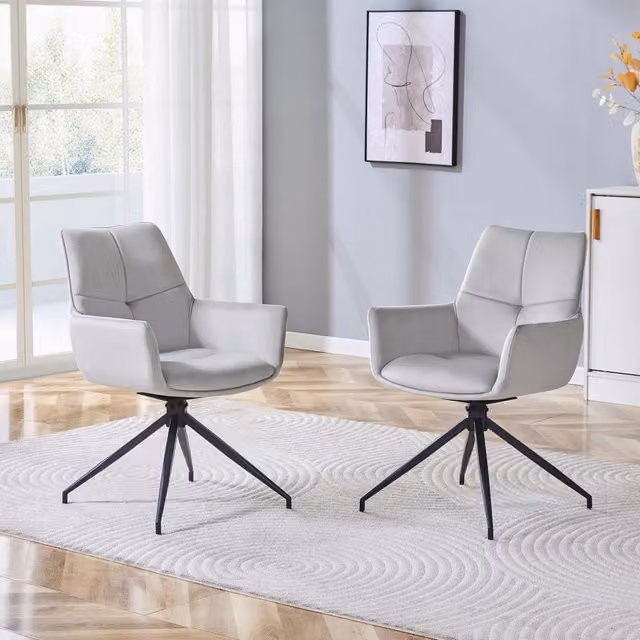 Sedia girevole a 360 gradi OKWISH in tessuto grigio chiaro e metallo nero con braccioli L: 57,5 cm, P: 52,5 cm, H: 71 cm