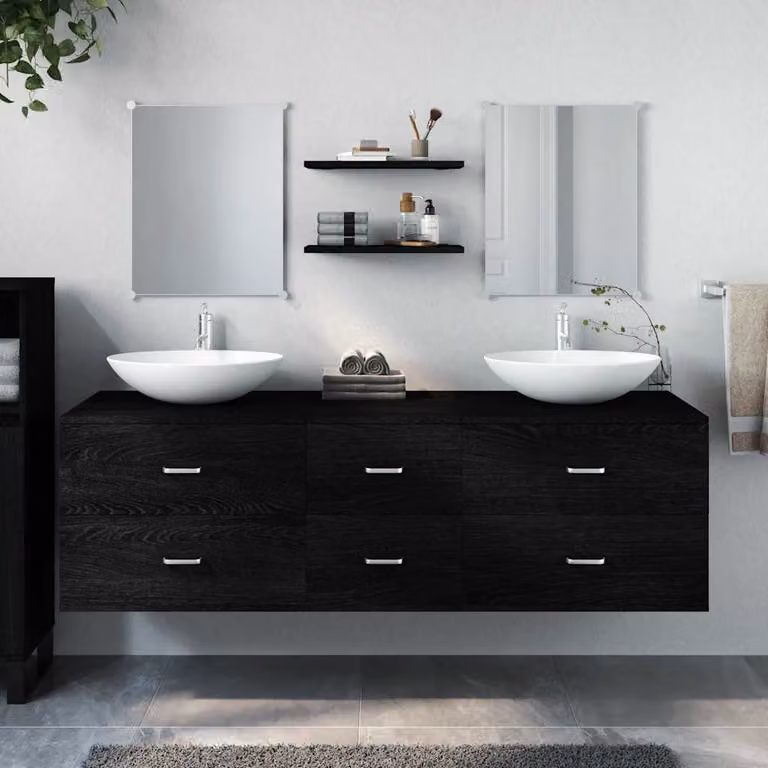 Set di mobili da bagno moderno vidaXL in legno multistrato nero opaco, composto da 5 pezzi con mobile lavabo e pensili a parete