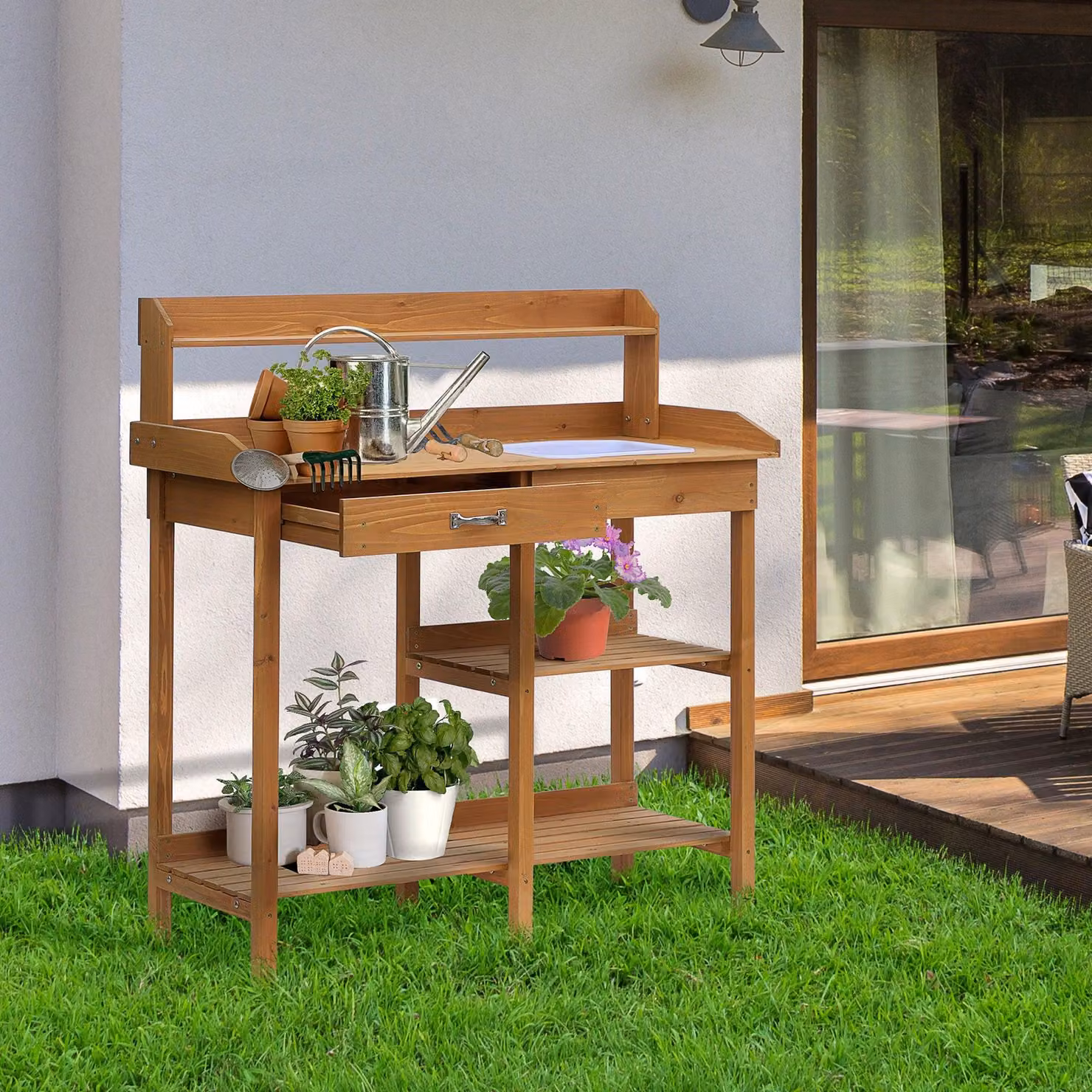 Tavolo da lavoro per il giardino - Tavolo per piante - Tavolo per fiori - Scrivania da giardino - Banco da lavoro - Legno di pino - Lavello integrato