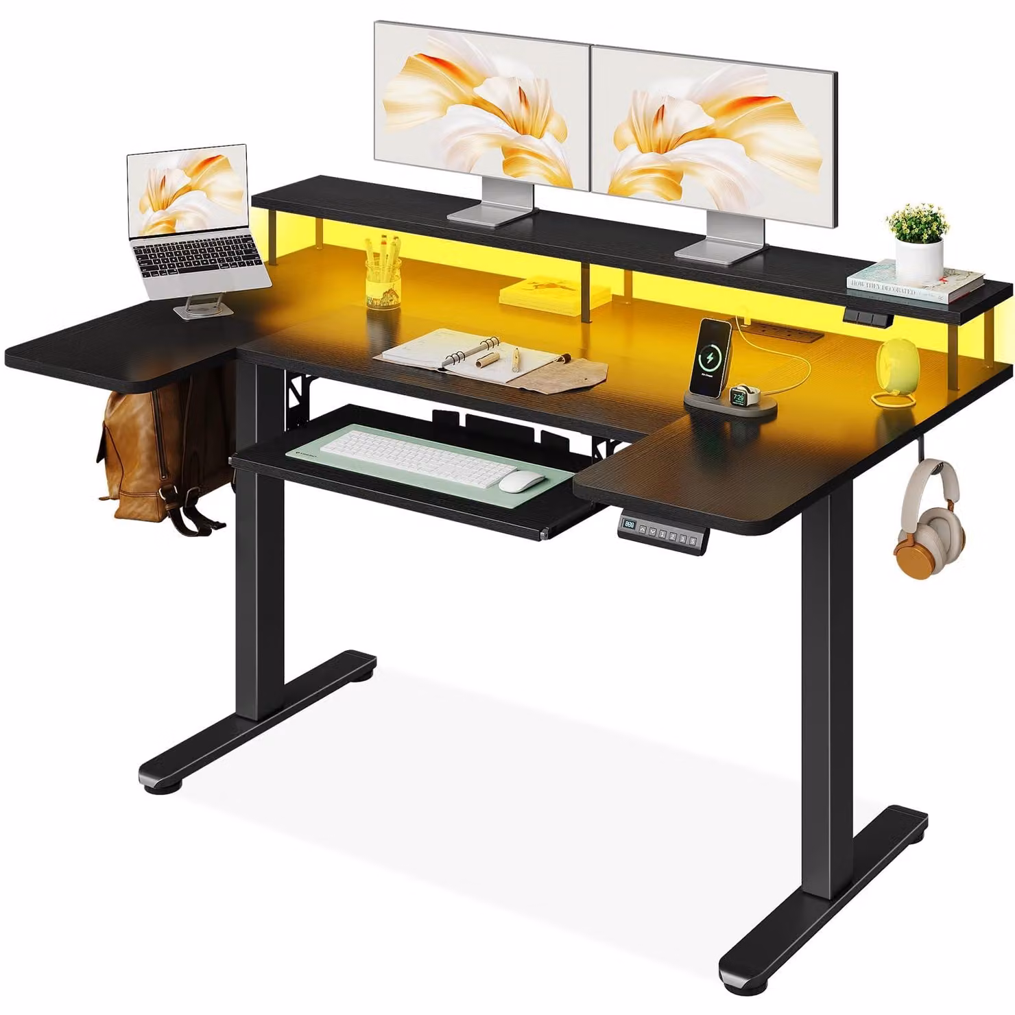 Scrivania regolabile in altezza elettricamente - Larghezza 140 cm - Materiali: legno e metallo - Colore: nero - Design ergonomico, adatta sia per stare seduti che in piedi