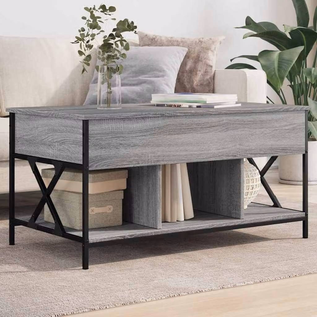 Tavolino da salotto rettangolare vidaXL in stile industriale con struttura in metallo e piano in legno composito grigio L: 100 cm, P: 55 cm, H: 50 cm