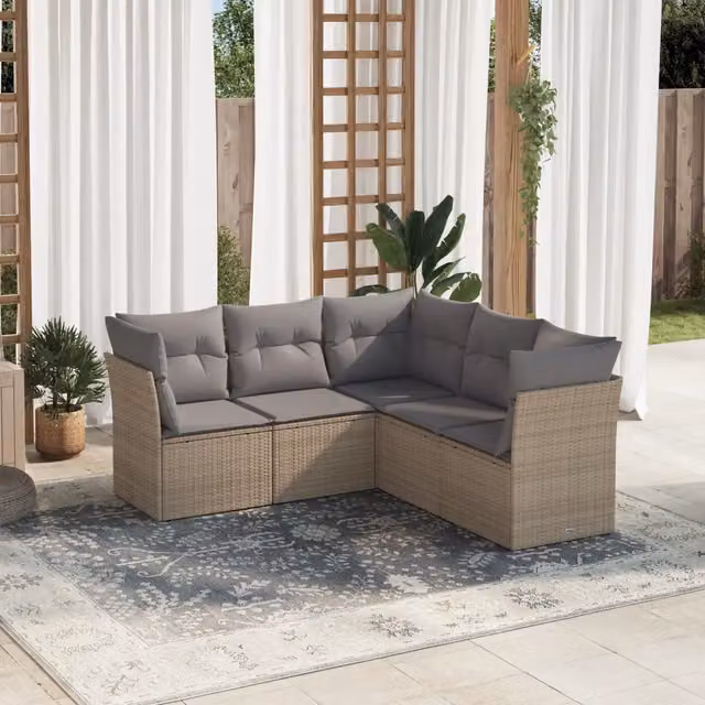 Set Divano da Giardino 5 pz con Cuscini-Sofa da Giardino-Divanetto da esterno Beige in Polyrattan 140036