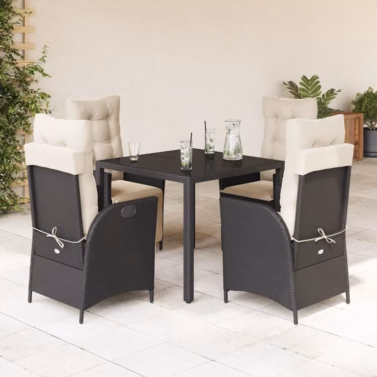 Set da Pranzo da Giardino vidaXL in Polyrattan Nero con Cuscini e Tavolo in Vetro