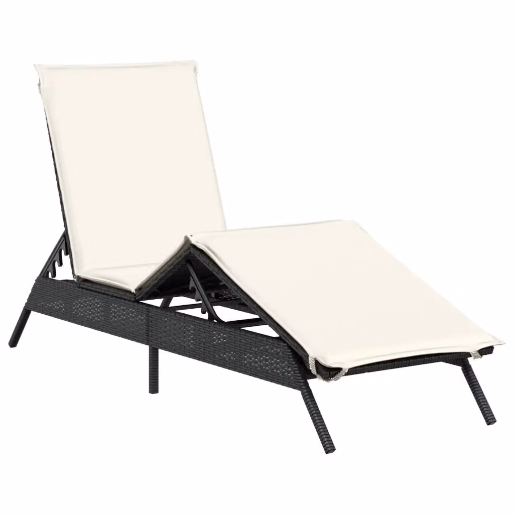 Lettino prendisole vidaXL in polyrattan con cuscino bianco e nero, poggiatesta regolabile e tessuto resistente alle intemperie, L/P/H: 200 x 76 x 59 cm – 2