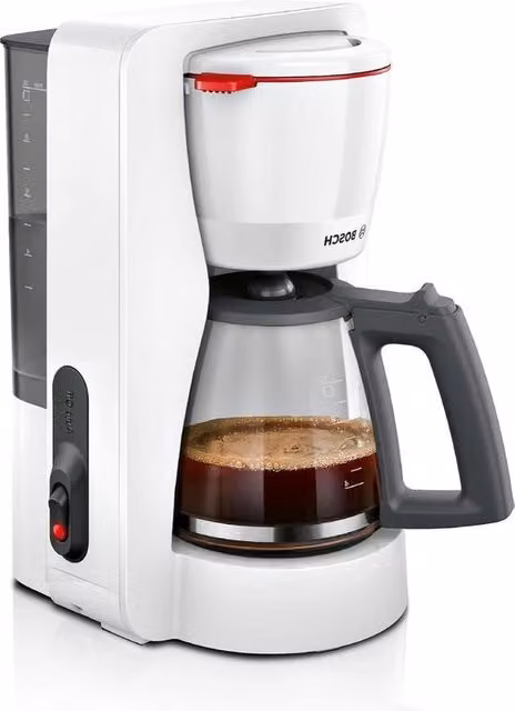 Macchina per caffè filtro elettrica Bosch da 1200 W con caraffa in vetro da 1,25 l, colore bianco