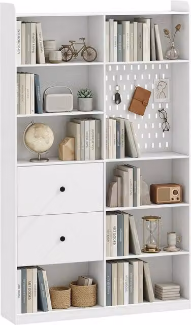 Libreria Moderna DESIGN IN con 6 Livelli, Cassetti e Pannello Forato, Bianco o Nero, L: 120 cm, H: 200 cm, P: 30 cm – 1