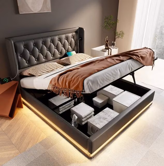 Letto 160x200 cm con contenitore idraulico, LED, USB e USB-C in PU nero