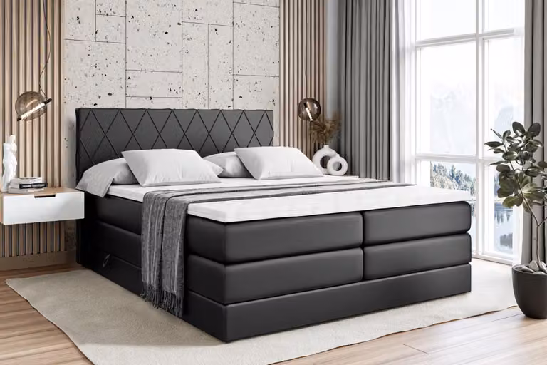 Letto boxspring ALTDECOR con 2 materassi e topper - 200x200 cm - LEPARO KING - Pelle finta nera - Letto imbottito con materassi H3 e H4, contenitore e rete a doghe, letto con spazio contenitivo