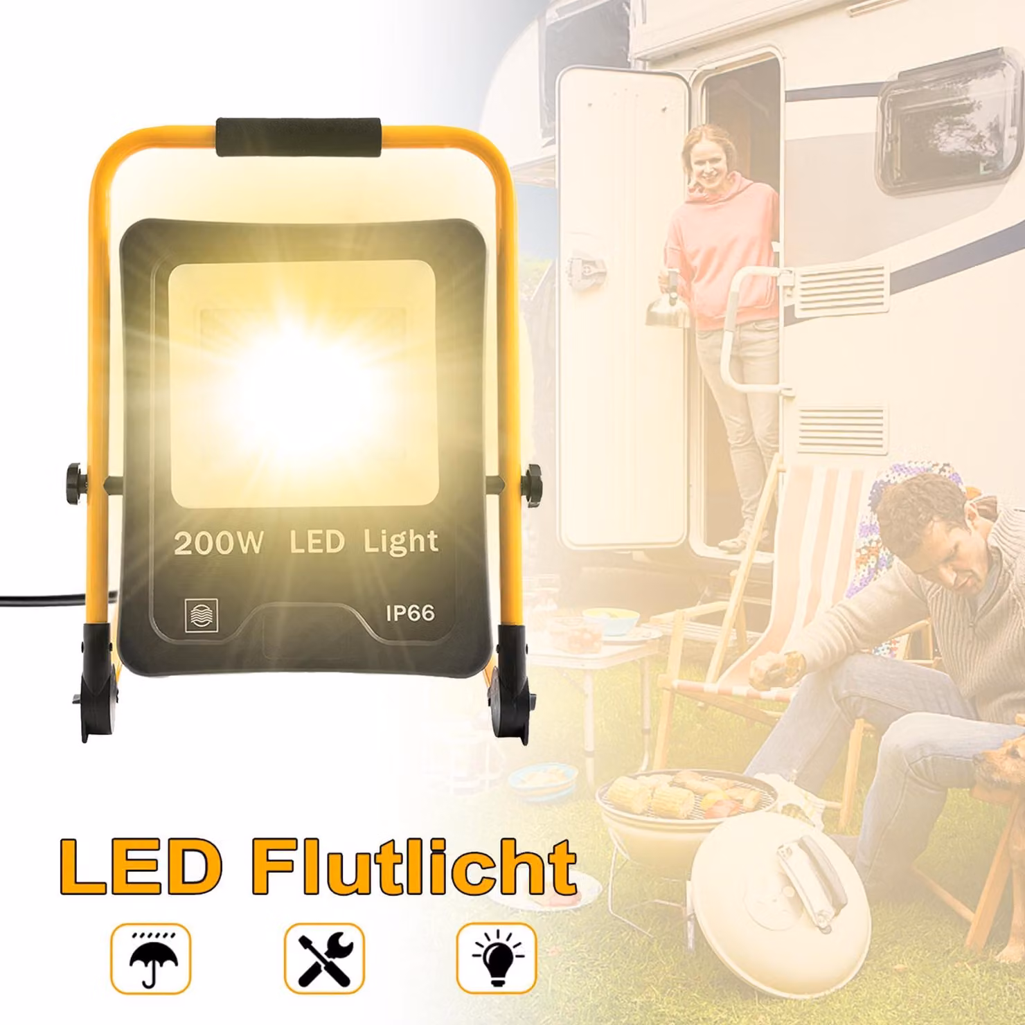 VA-Cerulean, faretto da costruzione a LED, 200W, 2800–3200 K, luce calda, grado di protezione IP66, cavo da 3 metri, base e maniglia per il trasporto, adatto per interni ed esterni