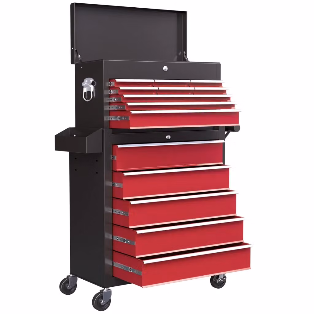 Carrello attrezzi Zephmum con 14 cassetti e pannello forato in acciaio rosso, con ruote e chiusura di sicurezza, L: 75,0 cm, P: 33,0 cm, H: 76,0 cm – 2