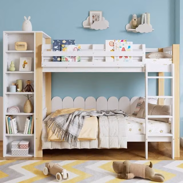 Letto a castello Mivray per bambini in legno bianco con armadio a 6 ripiani e scala a 4 gradini, L/P/H: 200 x 90 x 176,5 cm