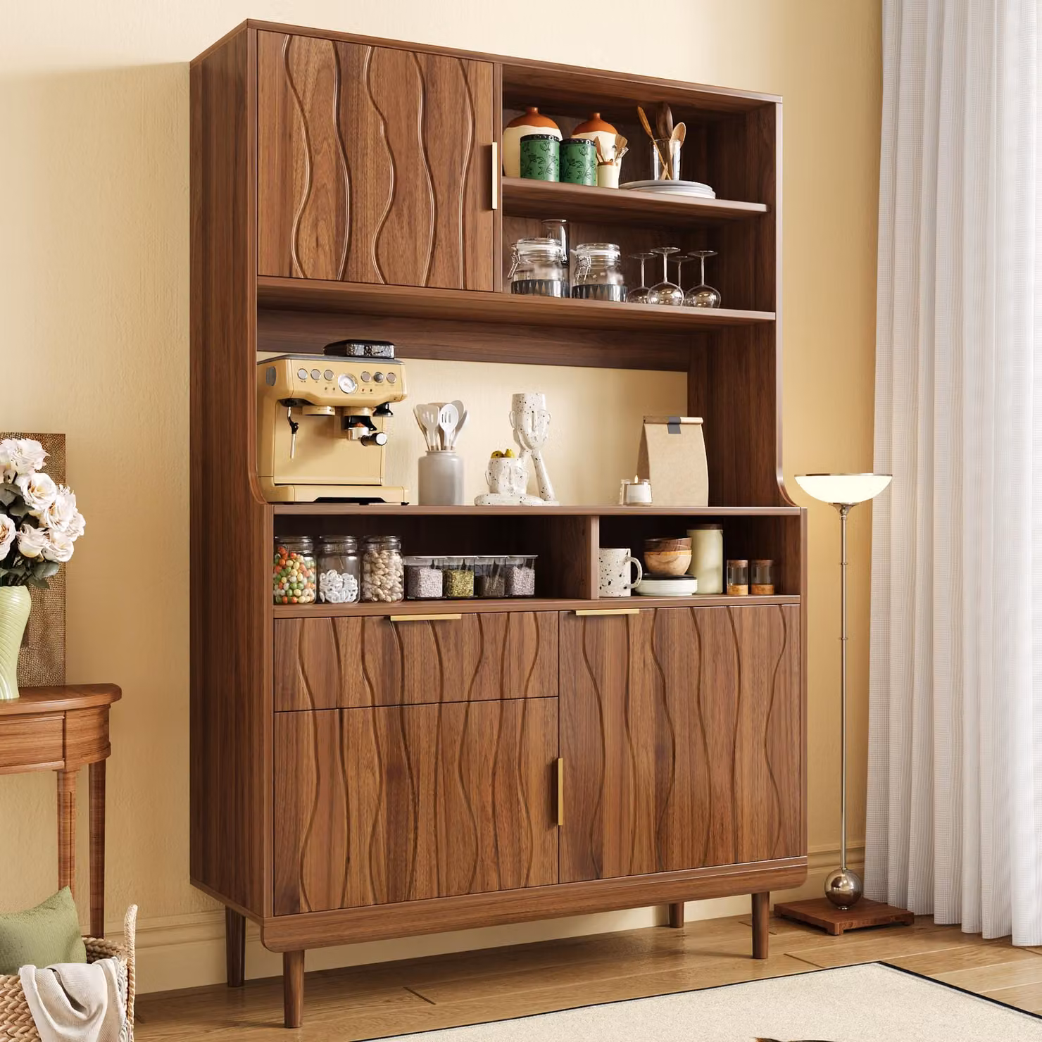 Armadietti da cucina Flieks con cassetto, ante, ripiani aperti e gambe in legno massello, mobile alto 100x32x170 cm, credenza, finitura noce